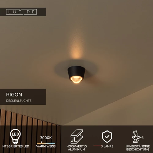 Lucide RIGON - Deckenleuchte - Ø 9 cm - LED - 1x6W 3000K - Schwarz - USP